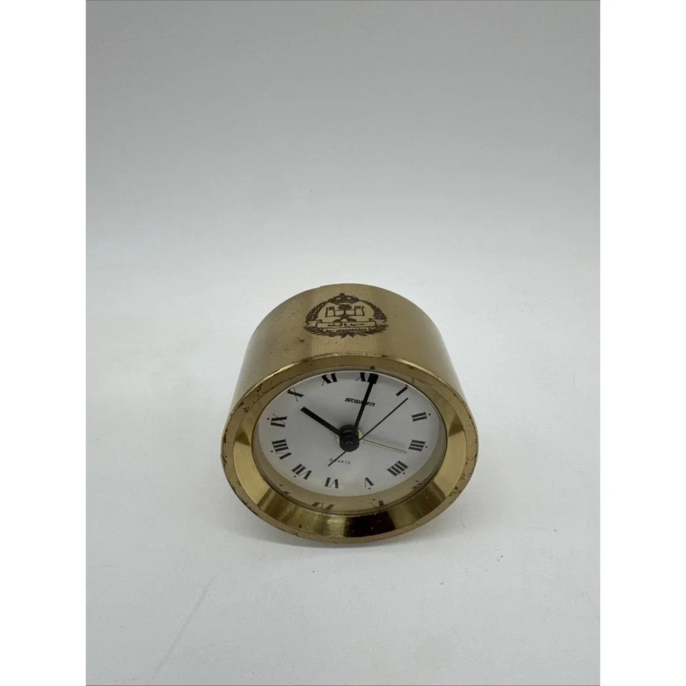 Staiger Brass Desk Clock Mechanical Wind-Up Saudi Arabia Al Yamamah Emblem Works